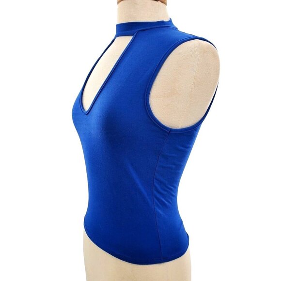 Gaze USA Shirt Sleeveless High-Neck Cut-out Keyhole Open Chest Blue Vintage y2K - Picture 6 of 8